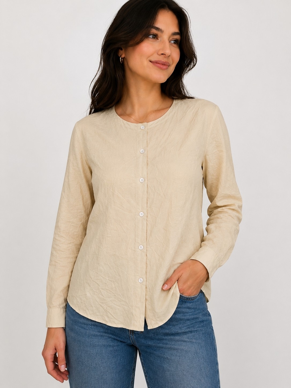 Art of Silk Beige 100% Silk Button Front Blouse Size Small